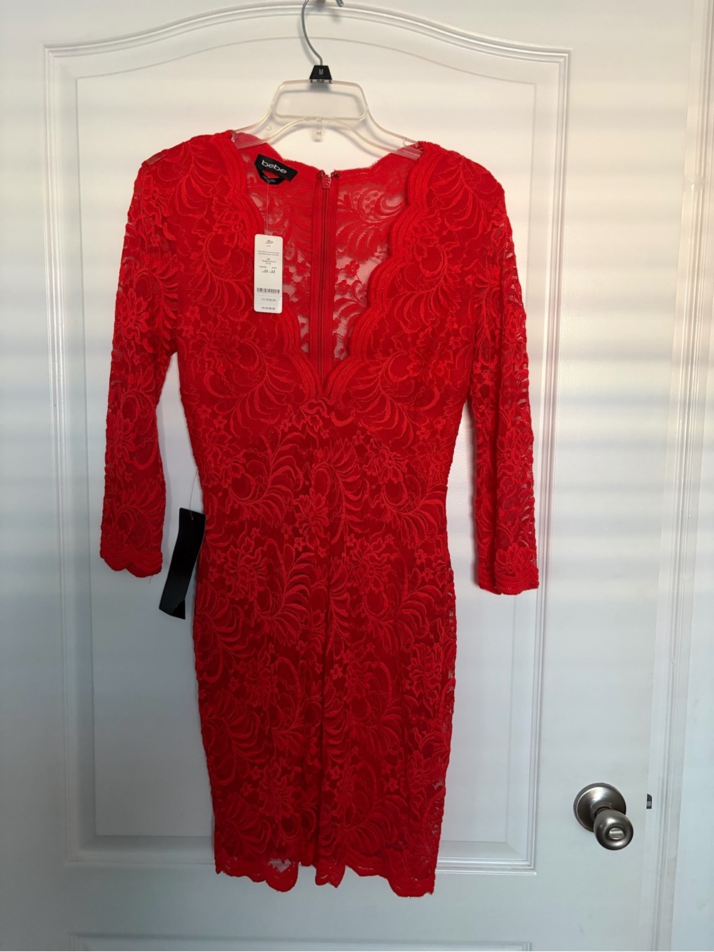 bebe Red Lace Mini Dress with Three-Quarter Sleeves